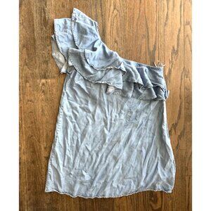 ZARA Women's Blue Chambray One Shoulder Ruffle Dress Mini Size Medium